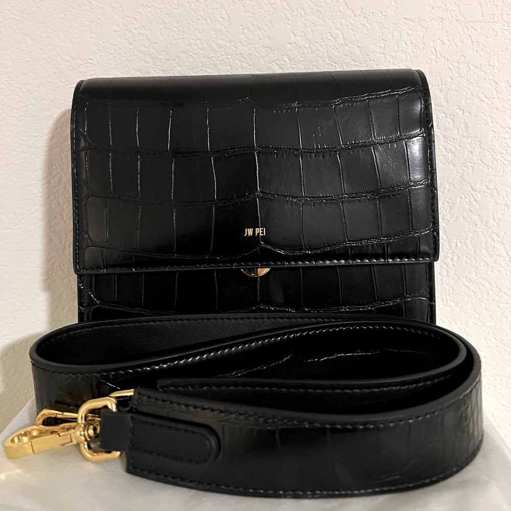 JW PEI Black Crocodile-Embossed Shoulder Bag